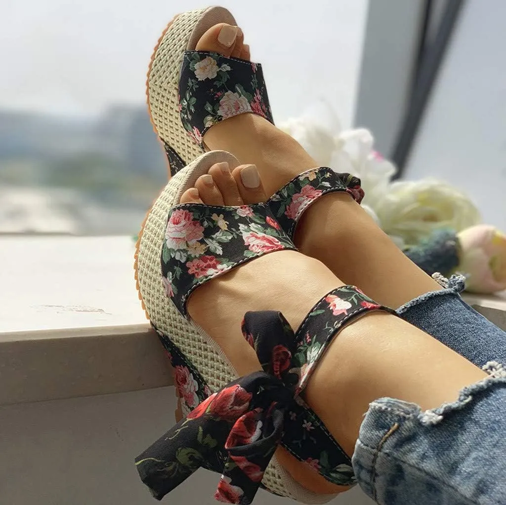 Women's Ladies Platform Wedges Heel Sandals Floral Flower Lace-Up Shoes Footwear Wedge Slide Sandals for Women