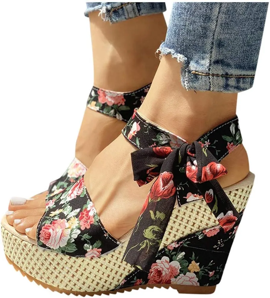 Women's Ladies Platform Wedges Heel Sandals Floral Flower Lace-Up Shoes Footwear Wedge Slide Sandals for Women