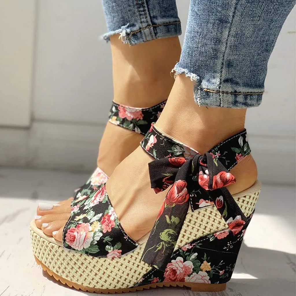 Women's Ladies Platform Wedges Heel Sandals Floral Flower Lace-Up Shoes Footwear Wedge Slide Sandals for Women