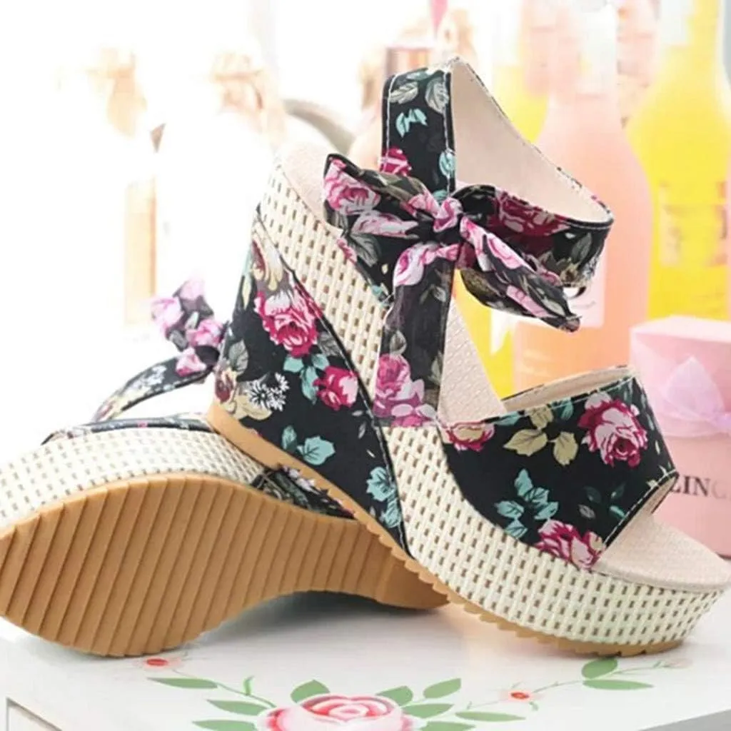Women's Ladies Platform Wedges Heel Sandals Floral Flower Lace-Up Shoes Footwear Wedge Slide Sandals for Women