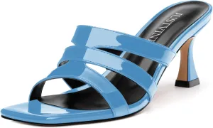 Women's Mid-Heeled Patent Heels Square Open Toe Slip On Heeled Sandals Cute Comfortable Casual Wedding Party Dress Shoes 2.5 Inches