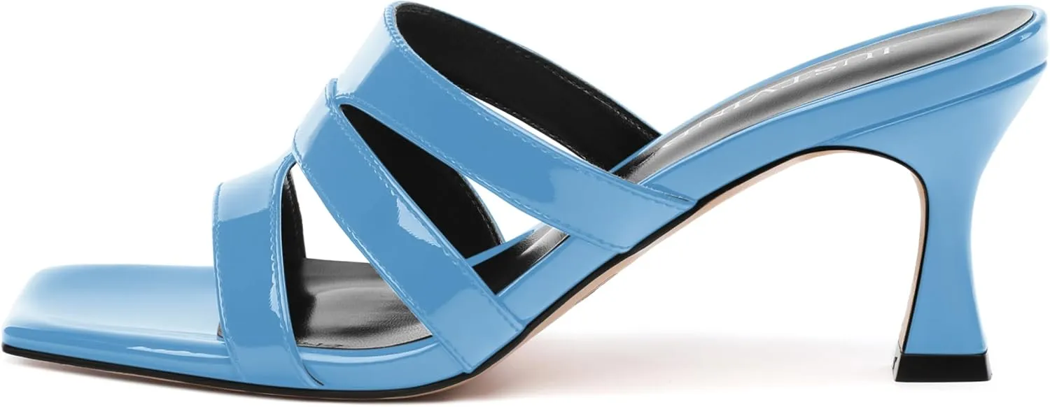 Women's Mid-Heeled Patent Heels Square Open Toe Slip On Heeled Sandals Cute Comfortable Casual Wedding Party Dress Shoes 2.5 Inches