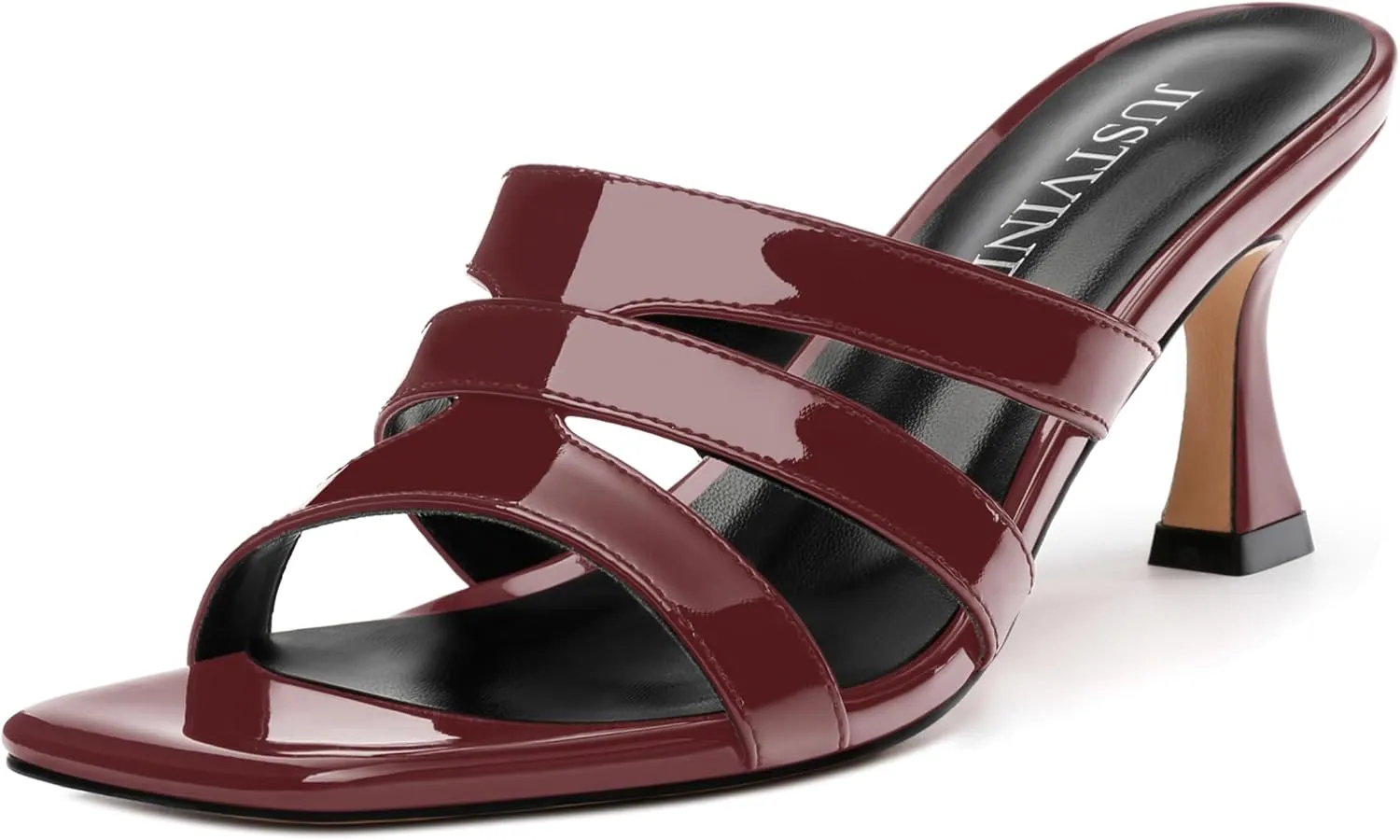 Women's Mid-Heeled Patent Heels Square Open Toe Slip On Heeled Sandals Cute Comfortable Casual Wedding Party Dress Shoes 2.5 Inches