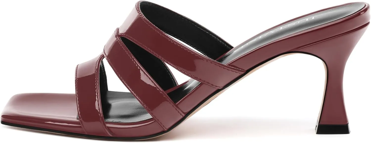 Women's Mid-Heeled Patent Heels Square Open Toe Slip On Heeled Sandals Cute Comfortable Casual Wedding Party Dress Shoes 2.5 Inches