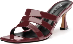 Women's Mid-Heeled Patent Heels Square Open Toe Slip On Heeled Sandals Cute Comfortable Casual Wedding Party Dress Shoes 2.5 Inches