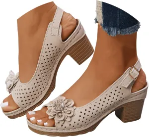 Womens Open Toe Ankle Strap Chunky High Heels Sandals Shoes 2025 Summer Casual Solid Color Hollow Out Floral Decor Sandals Stylish Lightweight Platform Wedge Sandal Summer Fashion Footwear