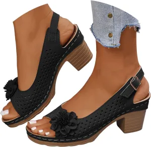 Womens Open Toe Ankle Strap Chunky High Heels Sandals Shoes 2025 Summer Casual Solid Color Hollow Out Floral Decor Sandals Stylish Lightweight Platform Wedge Sandal Summer Fashion Footwear