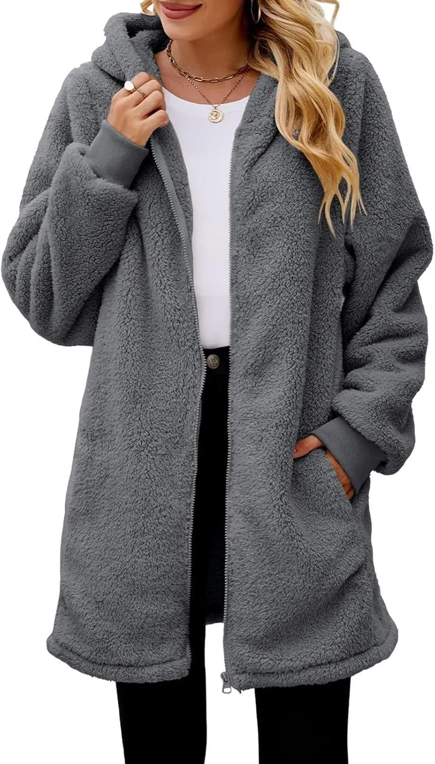 Womens Oversized Sherpa Jacket Fuzzy Fleece Jackets Zip Up Outerwear Teddy Bear Sweater Coats with Hood
