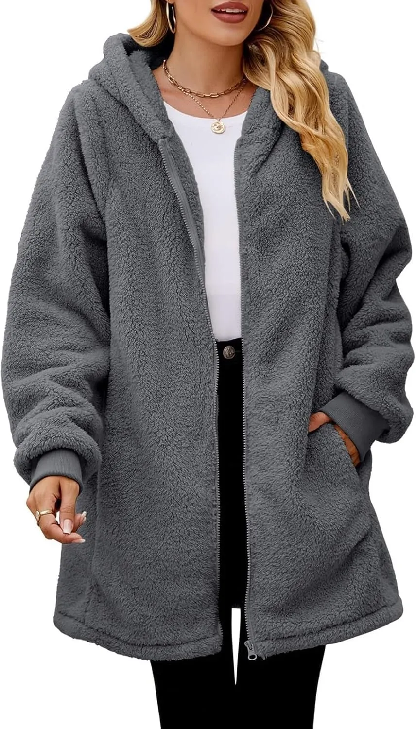 Womens Oversized Sherpa Jacket Fuzzy Fleece Jackets Zip Up Outerwear Teddy Bear Sweater Coats with Hood