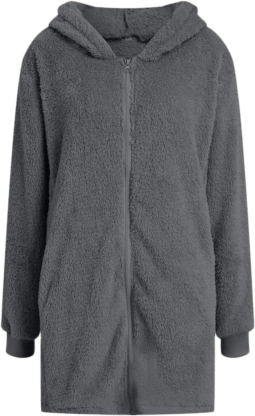 Womens Oversized Sherpa Jacket Fuzzy Fleece Jackets Zip Up Outerwear Teddy Bear Sweater Coats with Hood