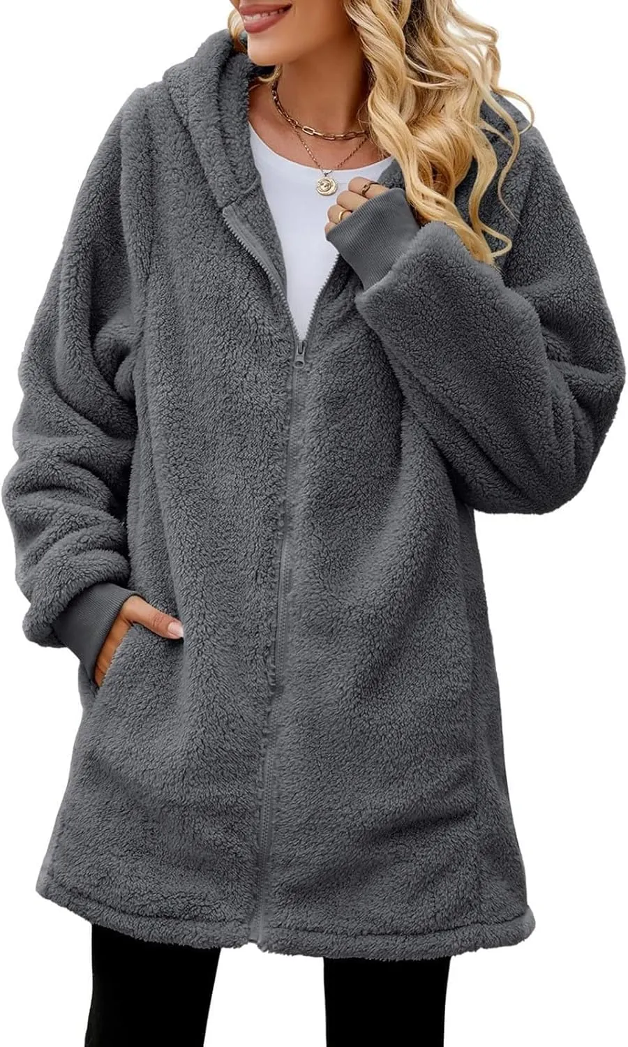 Womens Oversized Sherpa Jacket Fuzzy Fleece Jackets Zip Up Outerwear Teddy Bear Sweater Coats with Hood