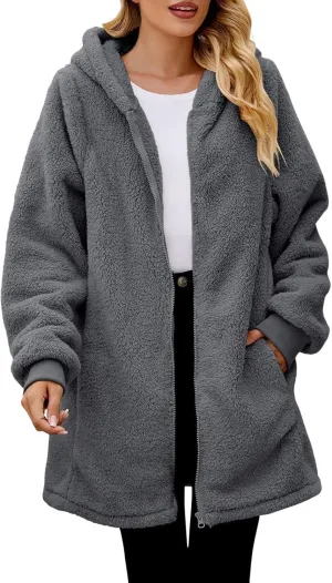 Womens Oversized Sherpa Jacket Fuzzy Fleece Jackets Zip Up Outerwear Teddy Bear Sweater Coats with Hood