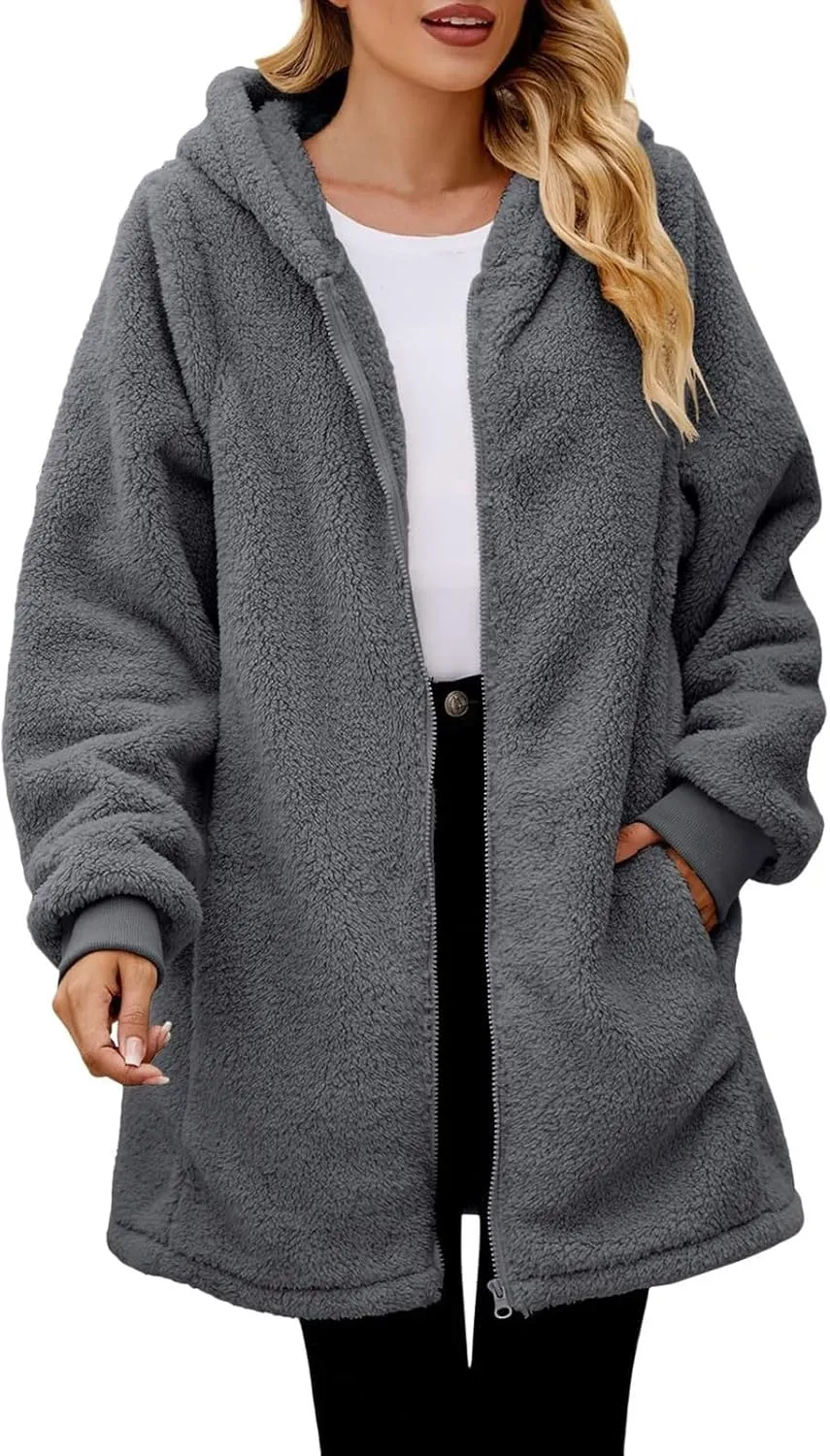 Womens Oversized Sherpa Jacket Fuzzy Fleece Jackets Zip Up Outerwear Teddy Bear Sweater Coats with Hood