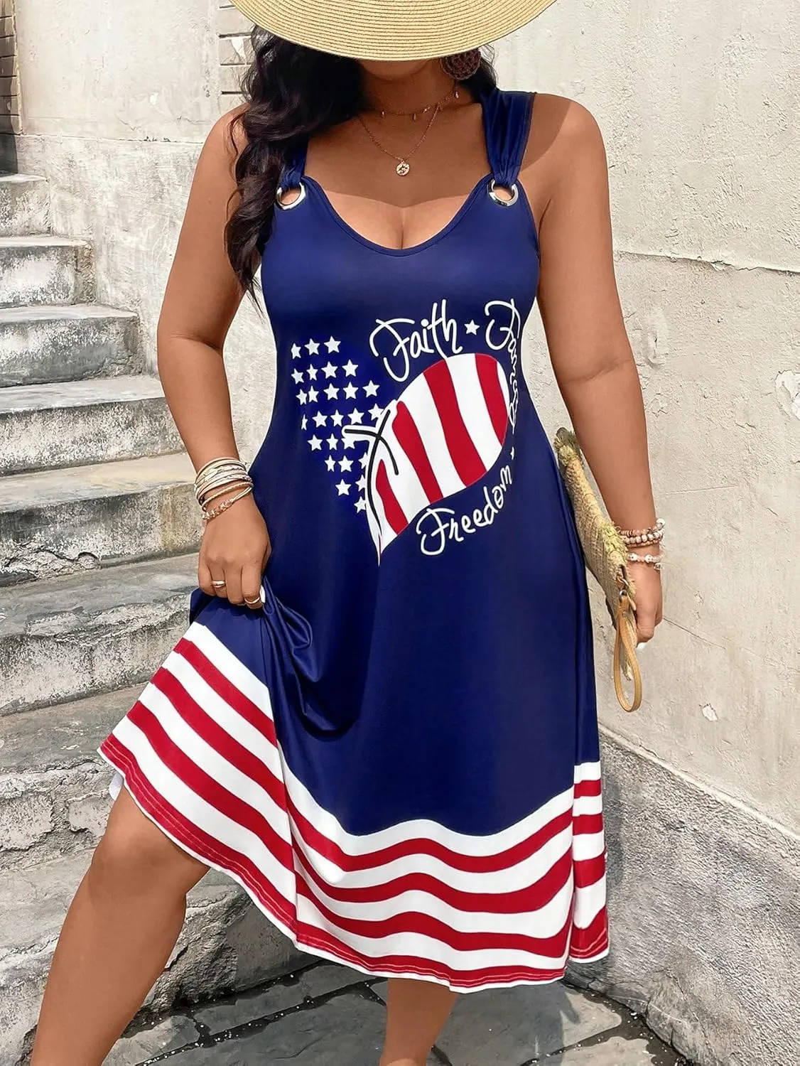 Women's Patriotic Sleeveless A-Line Dress – Faith Grace Freedom Heart Print, Red White Blue Striped 4th of July Outfit