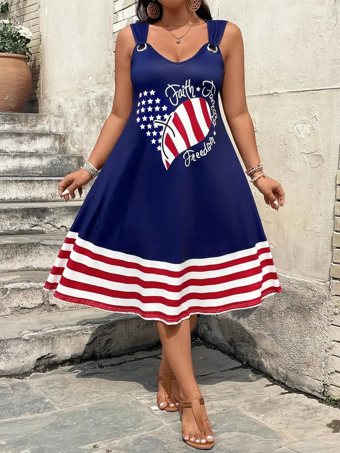 Women's Patriotic Sleeveless A-Line Dress – Faith Grace Freedom Heart Print, Red White Blue Striped 4th of July Outfit