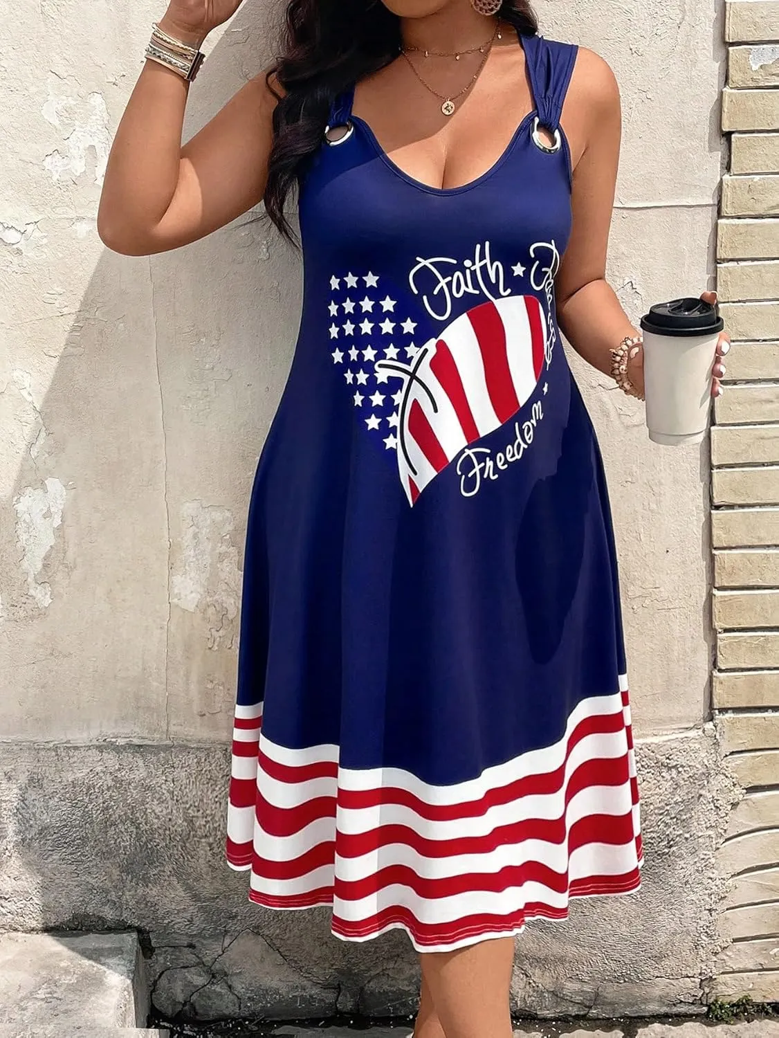 Women's Patriotic Sleeveless A-Line Dress – Faith Grace Freedom Heart Print, Red White Blue Striped 4th of July Outfit