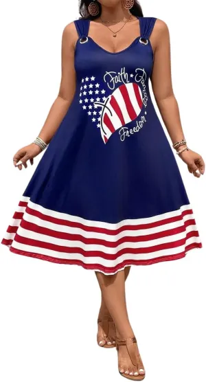 Women's Patriotic Sleeveless A-Line Dress – Faith Grace Freedom Heart Print, Red White Blue Striped 4th of July Outfit
