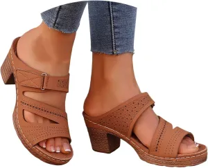 Women'S Platform Chunky Block Heels Open Toe Fish Mouth High Heel Sandals Solid Color Hollow Out Vintage Non Slip Open Back Summer Casual Outdoor Shoes With Arch Support