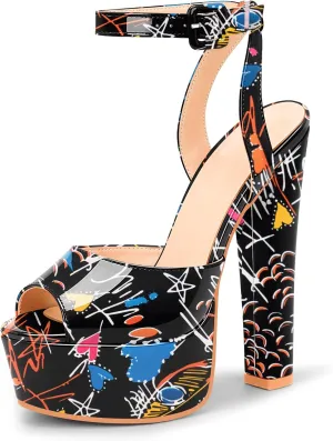 Women's Platform Chunky High Heel Sandals Open-Toe Ankle Strap Party Evening Shoes