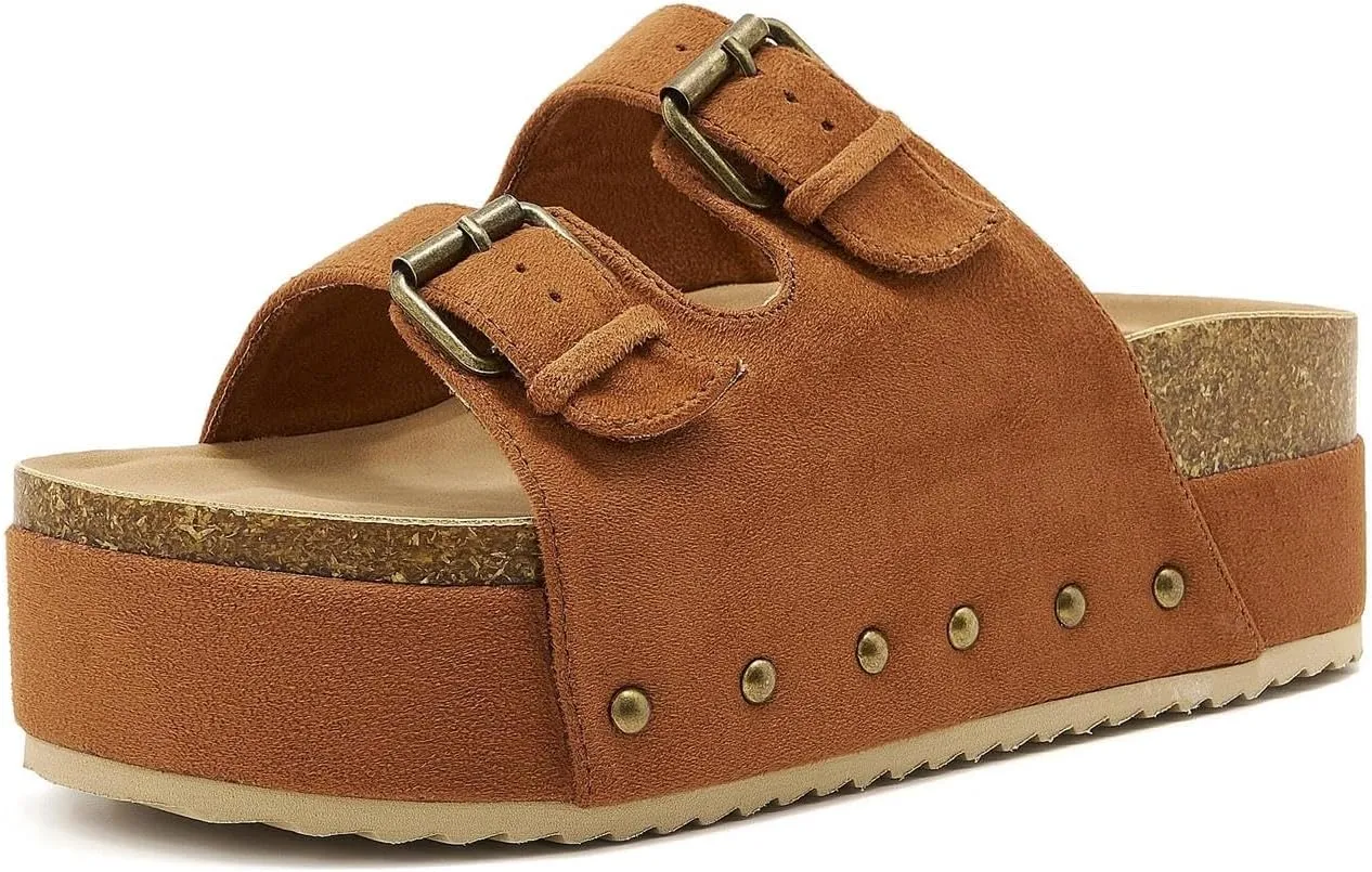 Women's Platform Cork Slides Dual Buckled Straps Clogs Slip On Flatform Sandals for Women Clogs
