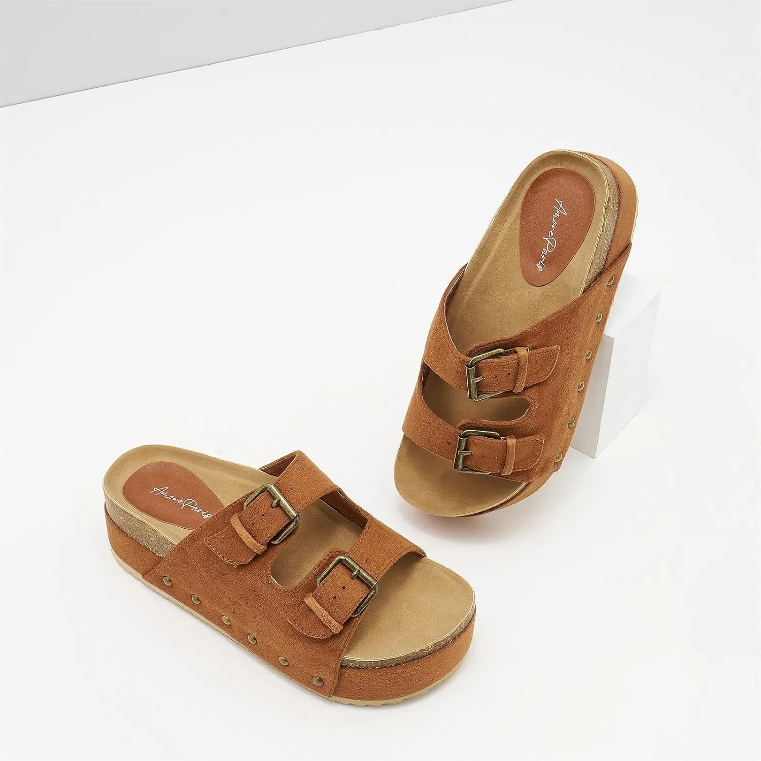 Women's Platform Cork Slides Dual Buckled Straps Clogs Slip On Flatform Sandals for Women Clogs