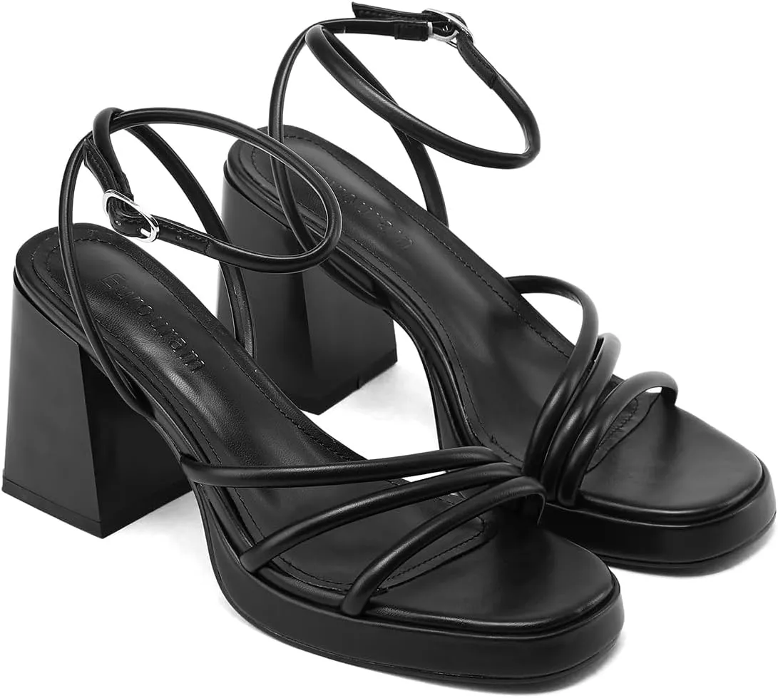 Women's Platform Heels Strappy heeled sandals with lace-up ankle straps Square open toe Suitable for weddings, work, party dresses