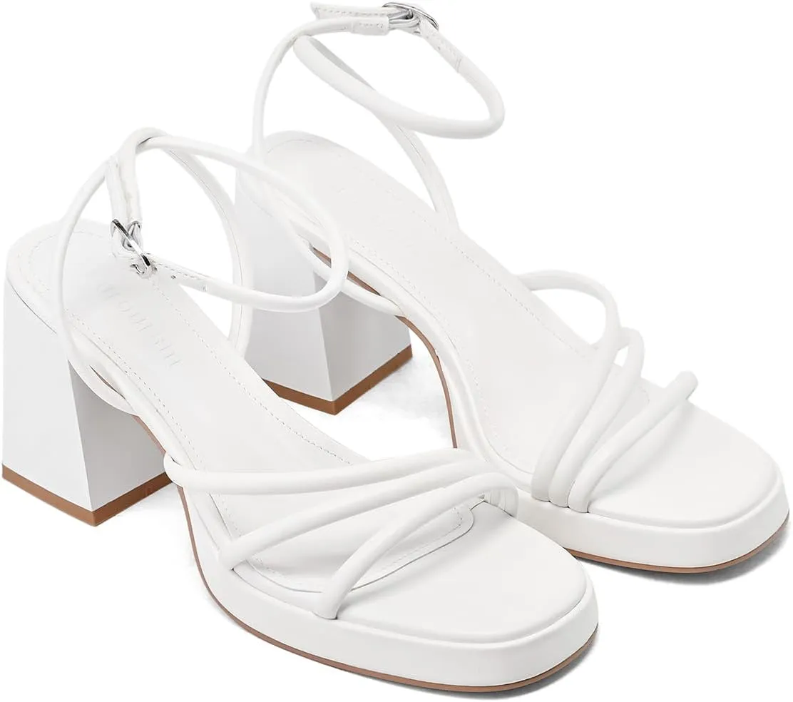 Women's Platform Heels Strappy heeled sandals with lace-up ankle straps Square open toe Suitable for weddings, work, party dresses