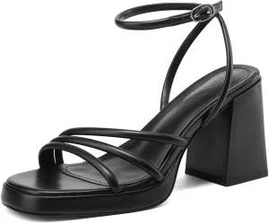Women's Platform Heels Strappy heeled sandals with lace-up ankle straps Square open toe Suitable for weddings, work, party dresses
