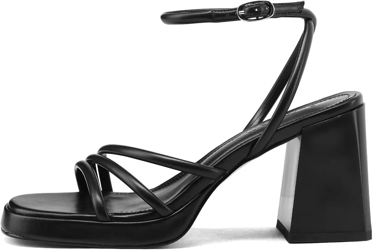 Women's Platform Heels Strappy heeled sandals with lace-up ankle straps Square open toe Suitable for weddings, work, party dresses
