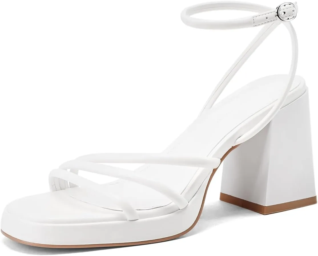 Women's Platform Heels Strappy heeled sandals with lace-up ankle straps Square open toe Suitable for weddings, work, party dresses