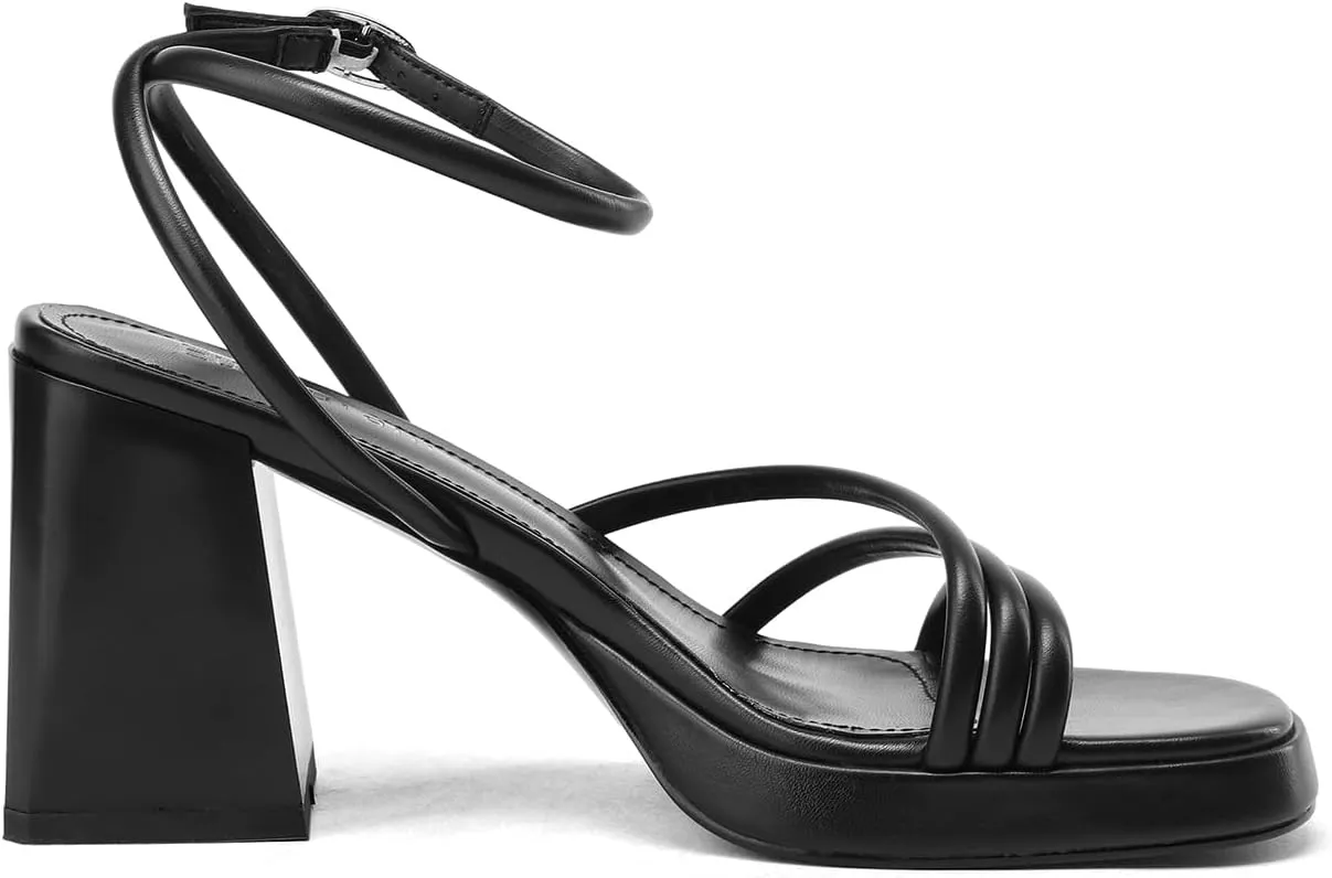 Women's Platform Heels Strappy heeled sandals with lace-up ankle straps Square open toe Suitable for weddings, work, party dresses