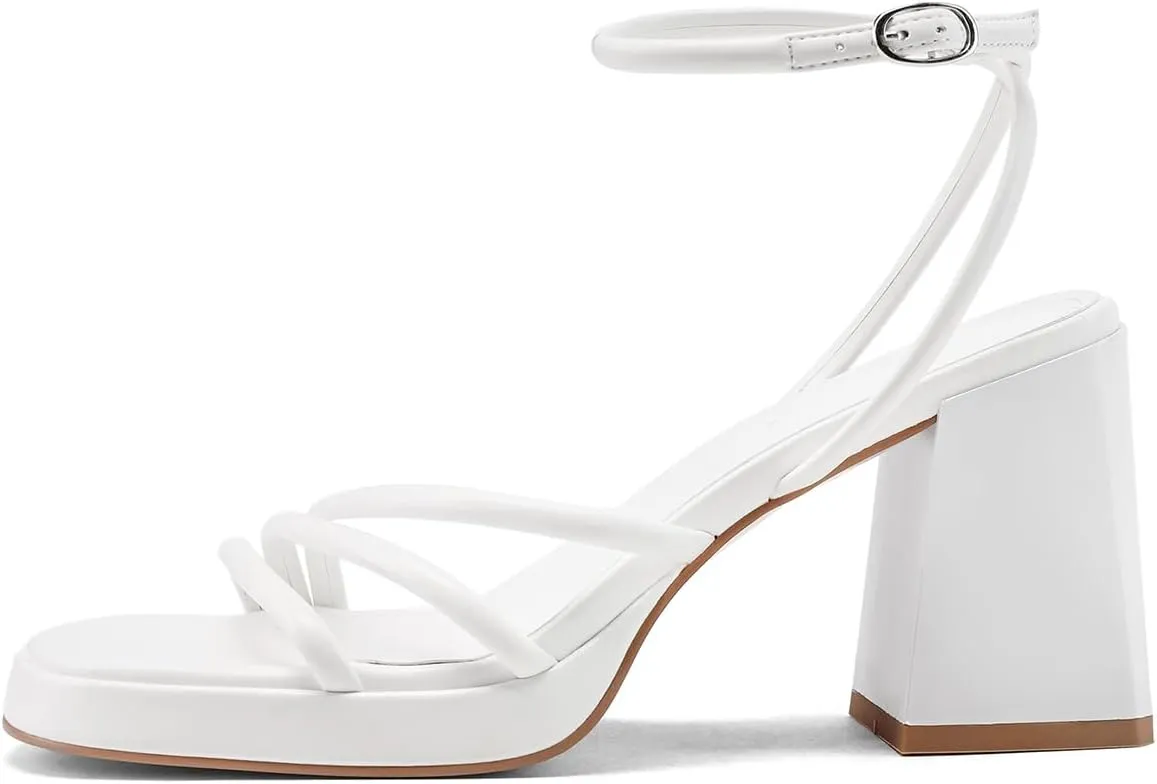 Women's Platform Heels Strappy heeled sandals with lace-up ankle straps Square open toe Suitable for weddings, work, party dresses