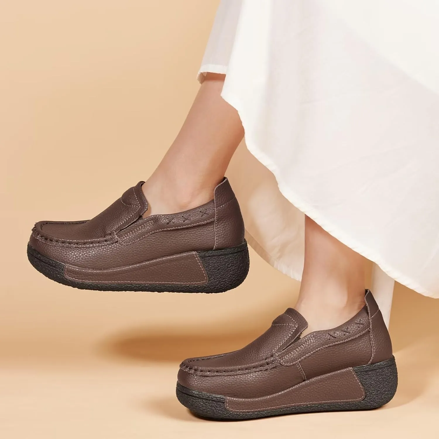 Women's Platform Leather Loafer Dress Walking Slip-On Comfort Chunky Work Shoes
