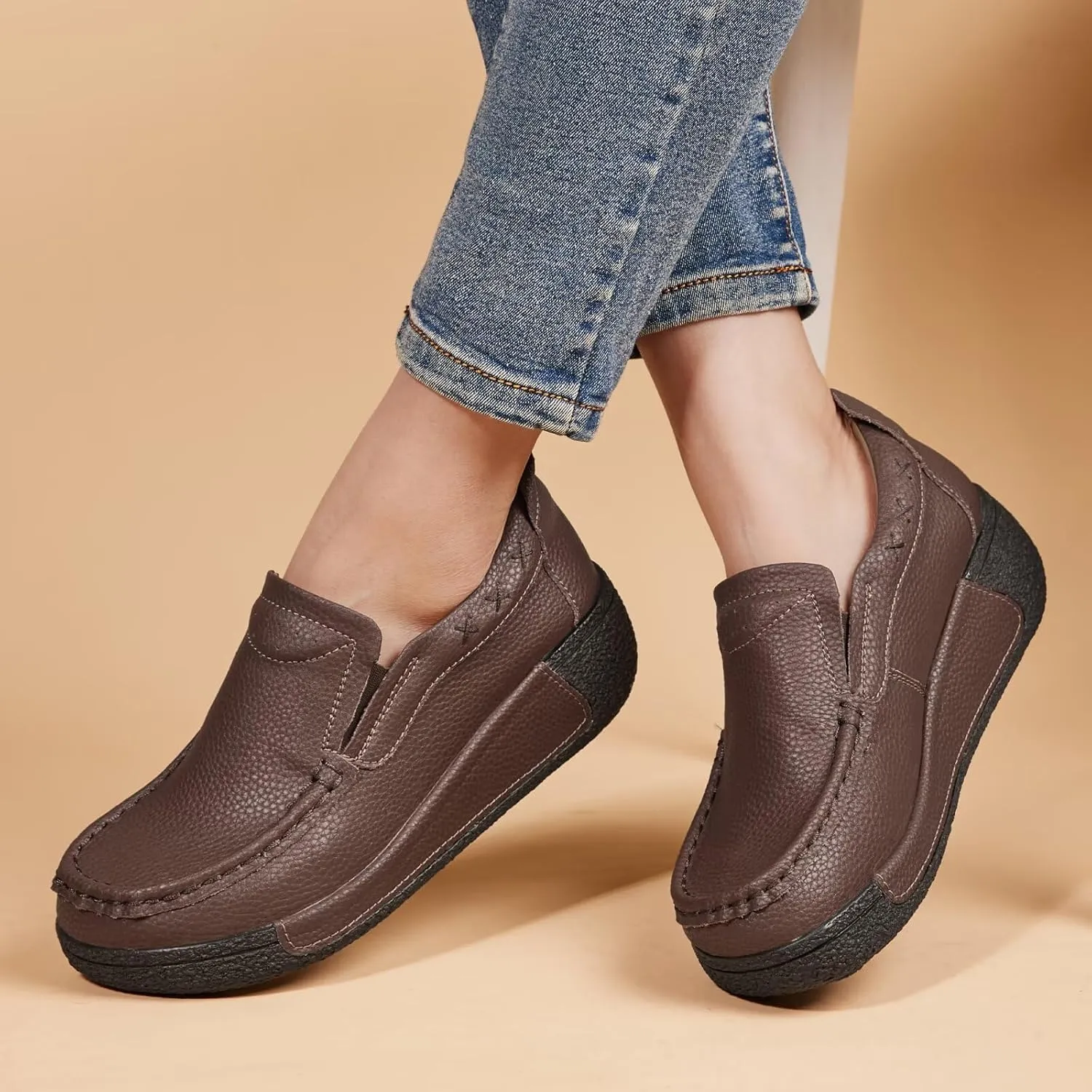 Women's Platform Leather Loafer Dress Walking Slip-On Comfort Chunky Work Shoes