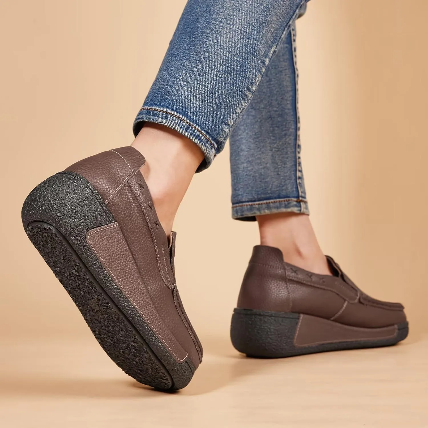 Women's Platform Leather Loafer Dress Walking Slip-On Comfort Chunky Work Shoes