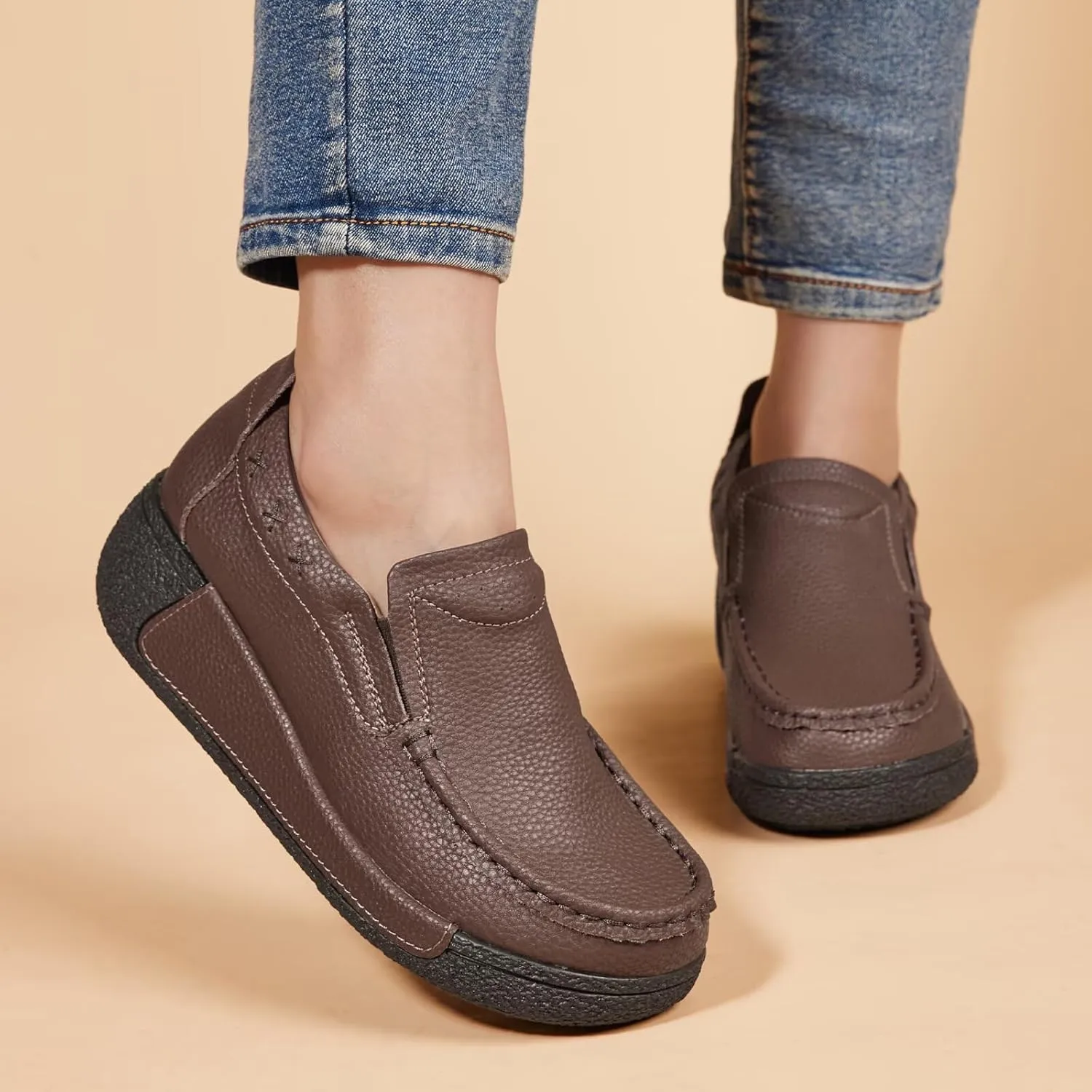 Women's Platform Leather Loafer Dress Walking Slip-On Comfort Chunky Work Shoes