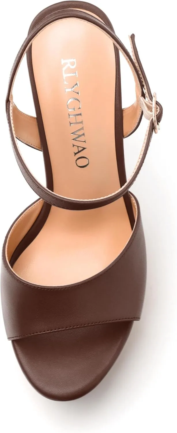Womens Platform Sandals Open Toe Buckle Ankle Strap Fashion Solid Matte Heeled Sandals 5 inch