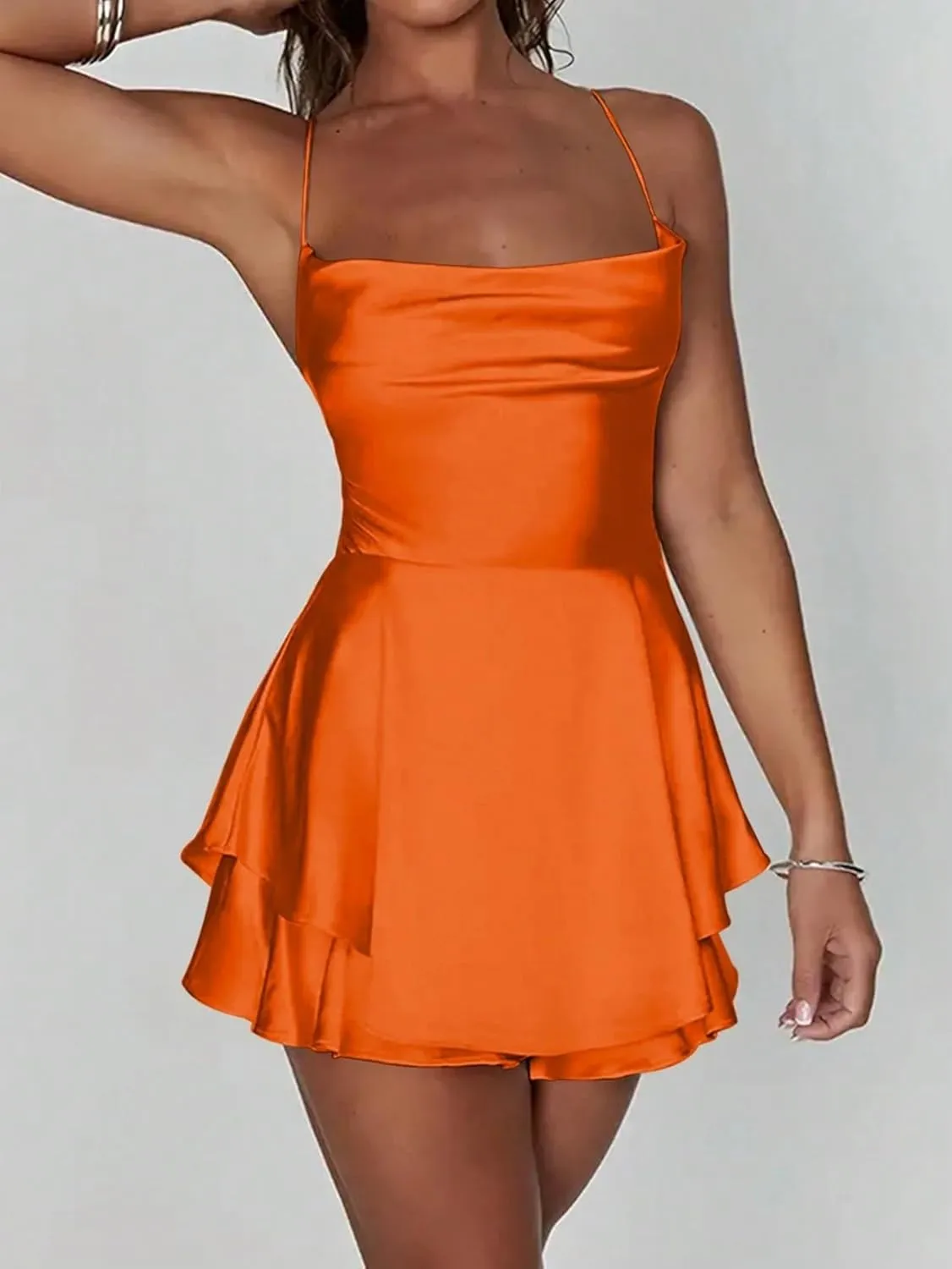 Womens Pleated Cami Dress Elegant Mini Satin Dresses Sleeveless Backless Summer Dresses for Women