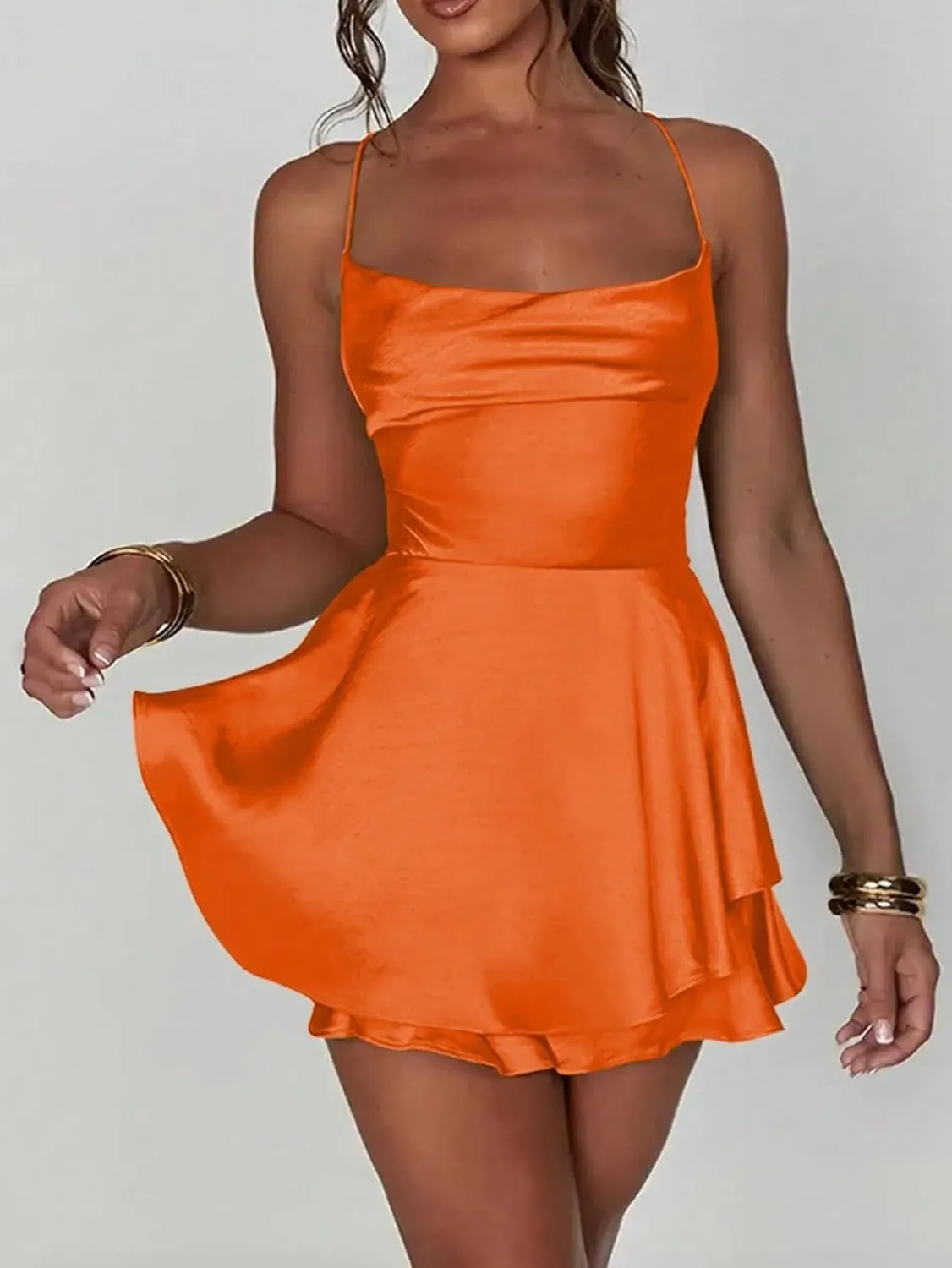 Womens Pleated Cami Dress Elegant Mini Satin Dresses Sleeveless Backless Summer Dresses for Women