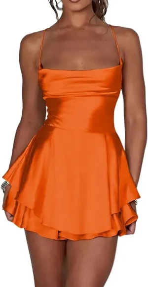 Womens Pleated Cami Dress Elegant Mini Satin Dresses Sleeveless Backless Summer Dresses for Women