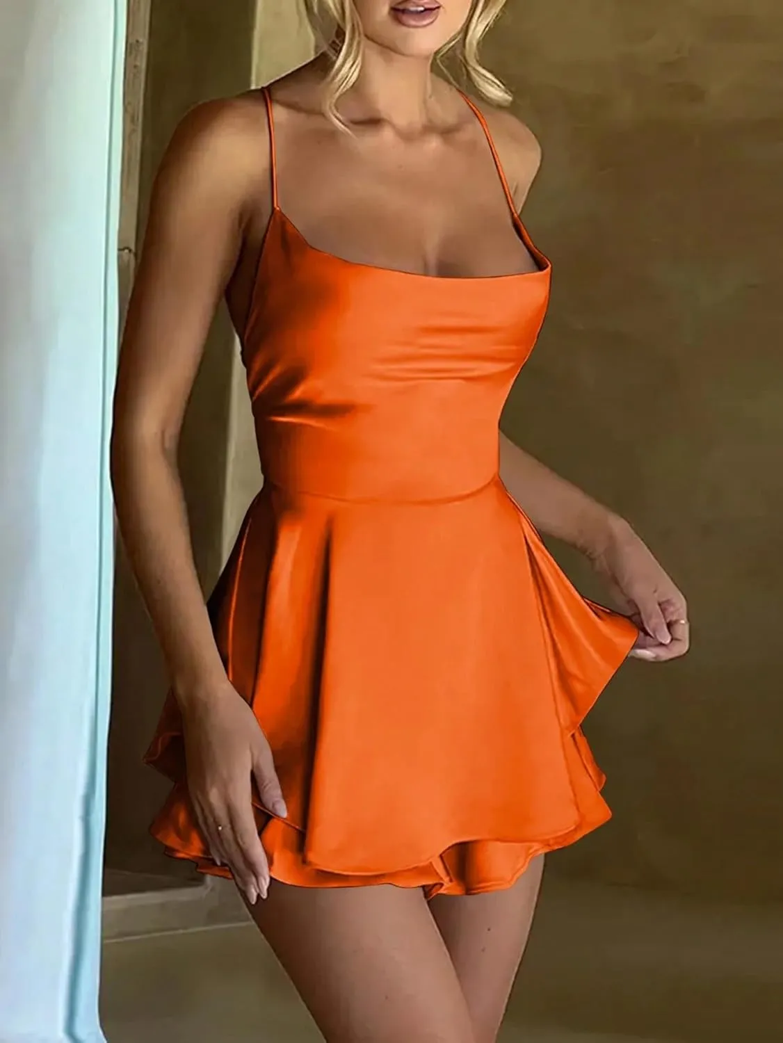 Womens Pleated Cami Dress Elegant Mini Satin Dresses Sleeveless Backless Summer Dresses for Women
