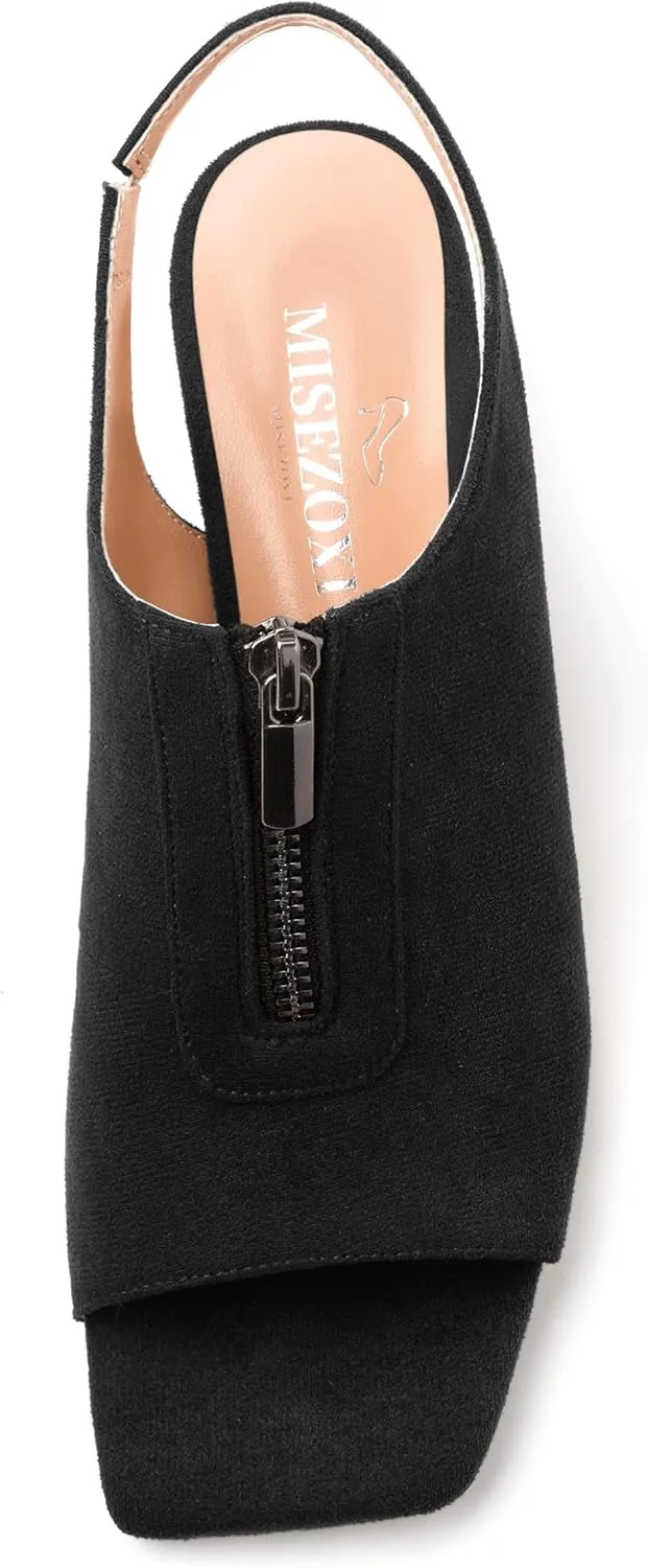 Womens Pumps, Square Peep Toe Block Heel Pumps for Women, Chunky Heel Open Toe Backless Pumps with Front Zipper 2