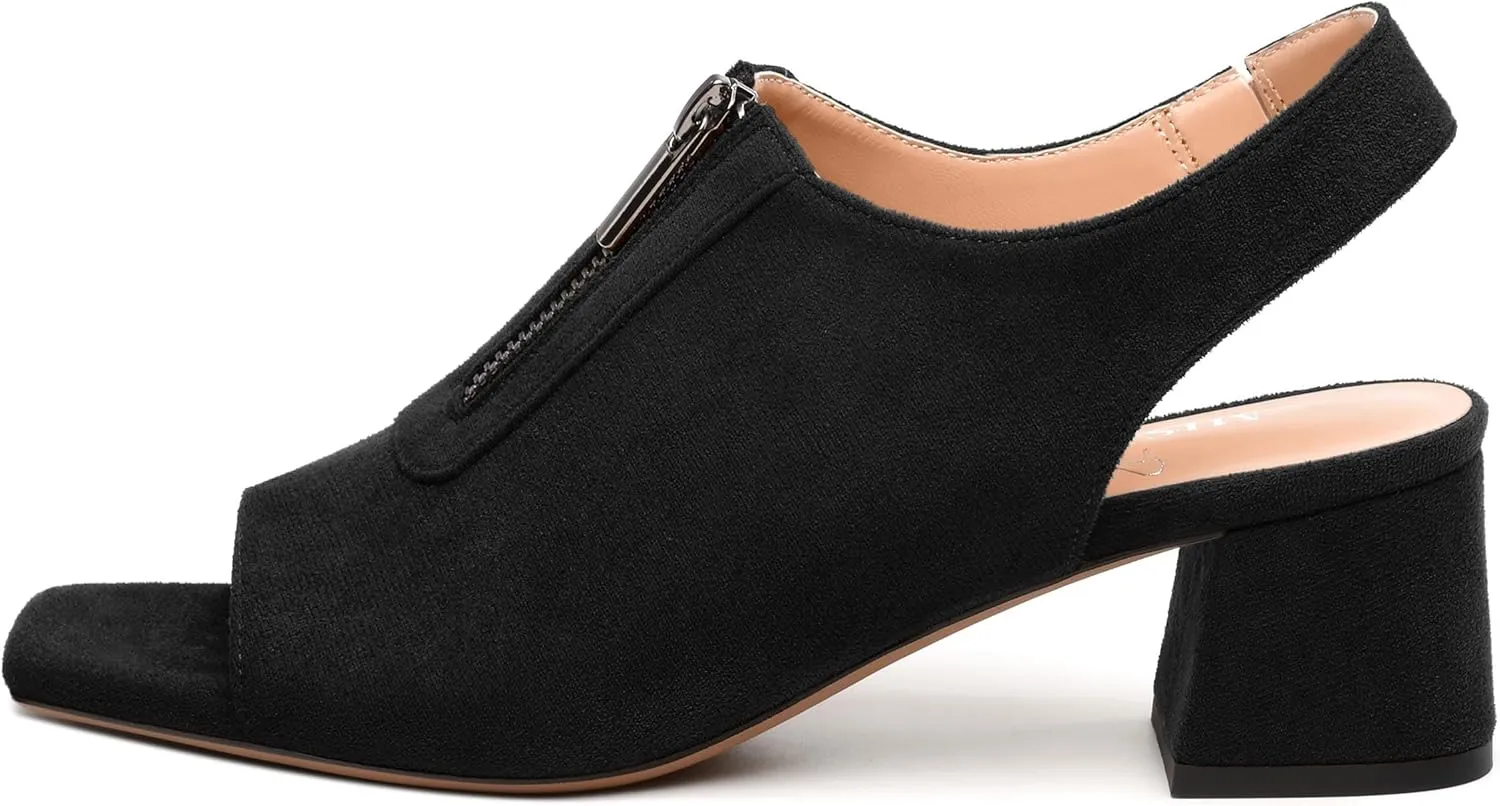 Womens Pumps, Square Peep Toe Block Heel Pumps for Women, Chunky Heel Open Toe Backless Pumps with Front Zipper 2