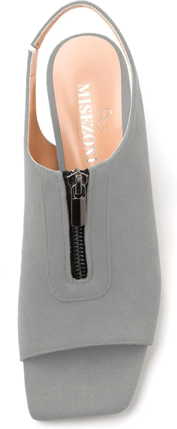 Womens Pumps, Square Peep Toe Block Heel Pumps for Women, Chunky Heel Open Toe Backless Pumps with Front Zipper 2
