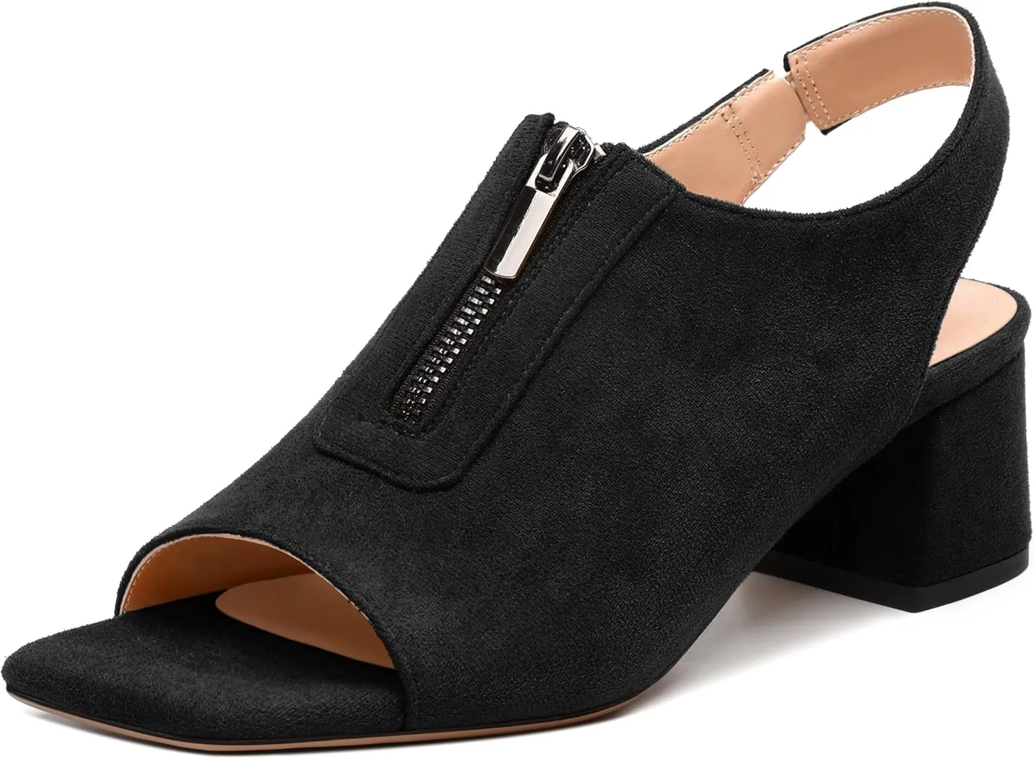 Womens Pumps, Square Peep Toe Block Heel Pumps for Women, Chunky Heel Open Toe Backless Pumps with Front Zipper 2