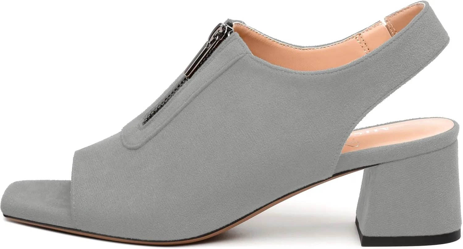 Womens Pumps, Square Peep Toe Block Heel Pumps for Women, Chunky Heel Open Toe Backless Pumps with Front Zipper 2