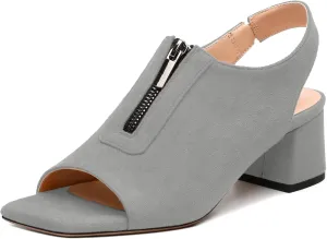 Womens Pumps, Square Peep Toe Block Heel Pumps for Women, Chunky Heel Open Toe Backless Pumps with Front Zipper 2