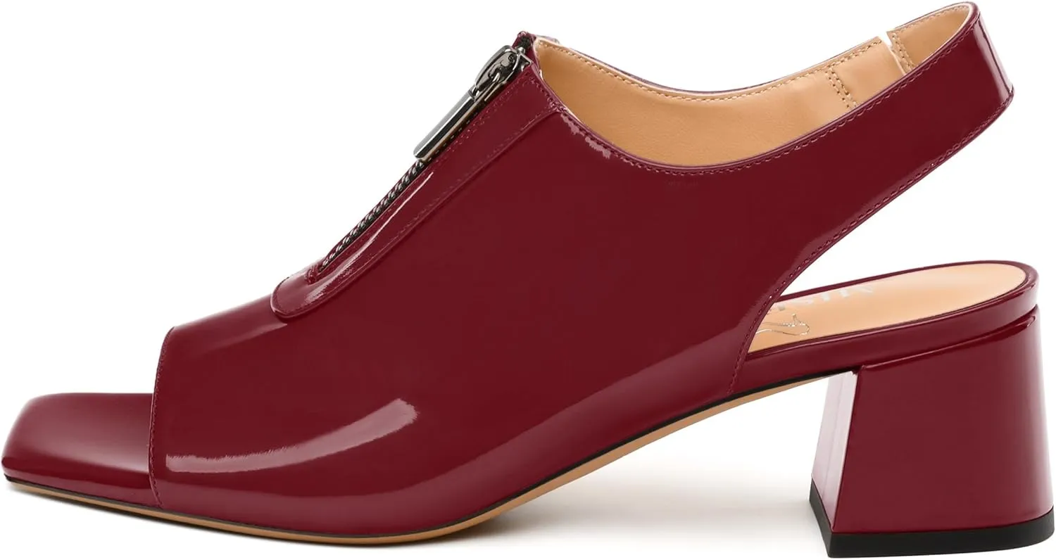 Womens Pumps, Square Peep Toe Mid Block Heel Slingback Pumps for Women, Open Toe Backless Pumps with Front Zipper 2
