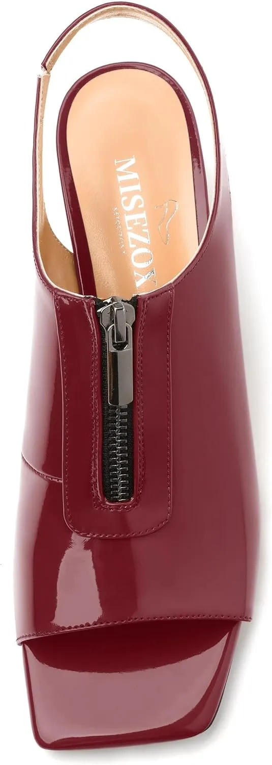 Womens Pumps, Square Peep Toe Mid Block Heel Slingback Pumps for Women, Open Toe Backless Pumps with Front Zipper 2