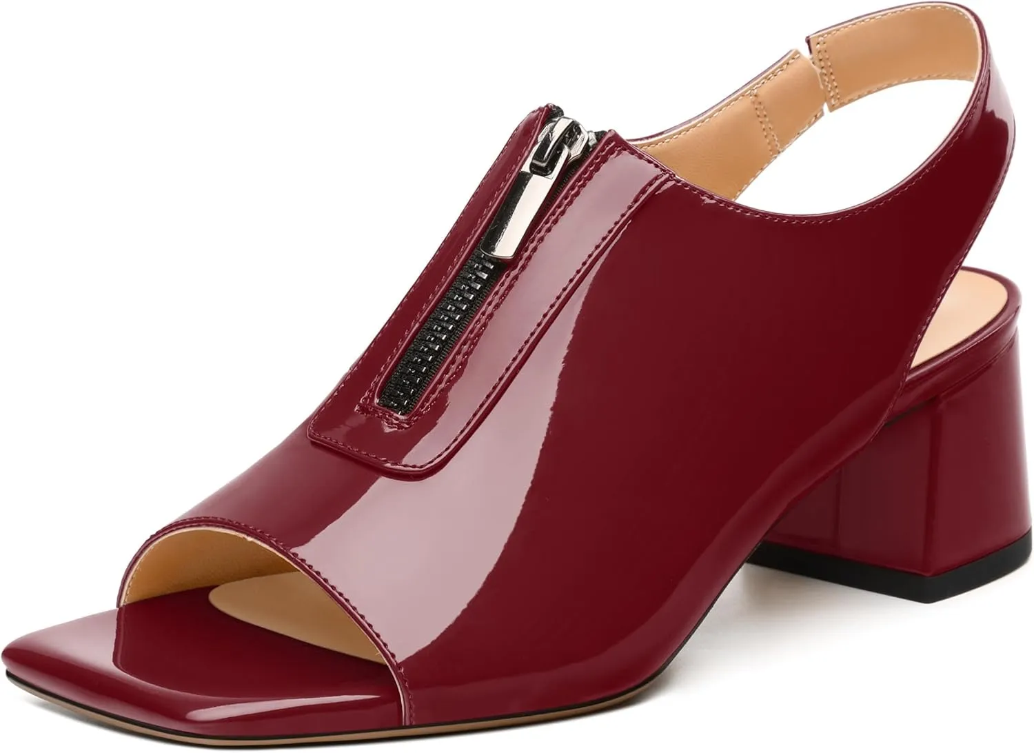 Womens Pumps, Square Peep Toe Mid Block Heel Slingback Pumps for Women, Open Toe Backless Pumps with Front Zipper 2
